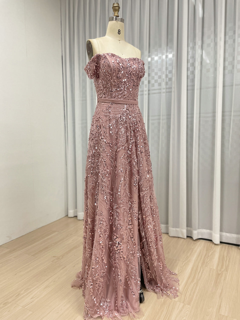 Gorgeous Pink Off Shoulder A Line Dress Handmade Beading Wedding Party Gown MB40383