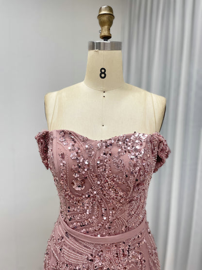 Gorgeous Pink Off Shoulder A Line Dress Handmade Beading Wedding Party Gown MB40383