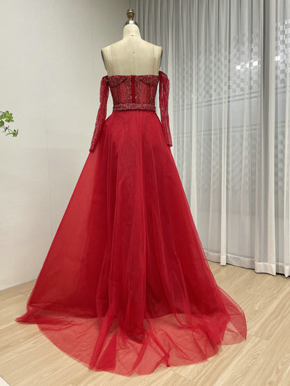 Elegant Red Beaded Evening Gown with Detachable Tulle Train MB40384-2