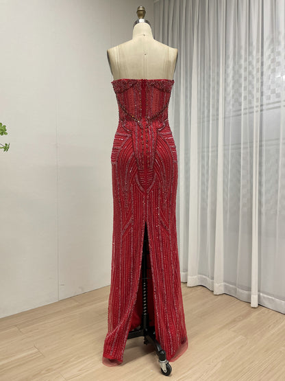 Elegant Red Beaded Evening Gown with Detachable Tulle Train MB40384-2