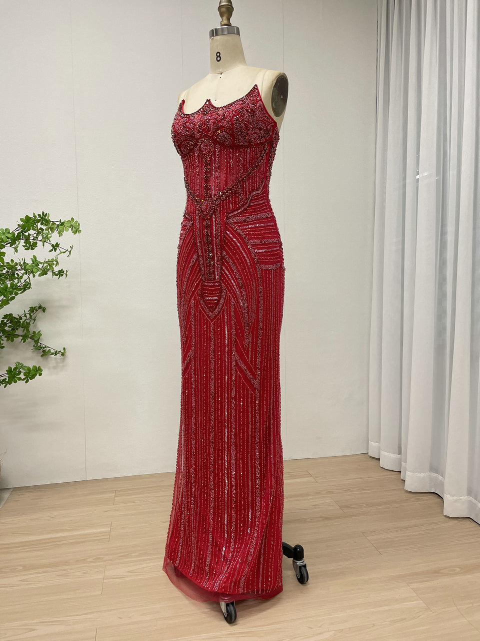 Elegant Red Beaded Evening Gown with Detachable Tulle Train MB40384-2