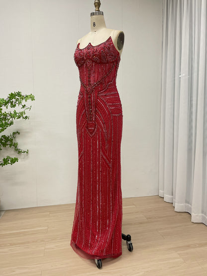 Elegant Red Beaded Evening Gown with Detachable Tulle Train MB40384-2