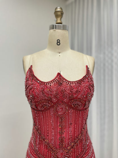 Elegant Red Beaded Evening Gown with Detachable Tulle Train MB40384-2