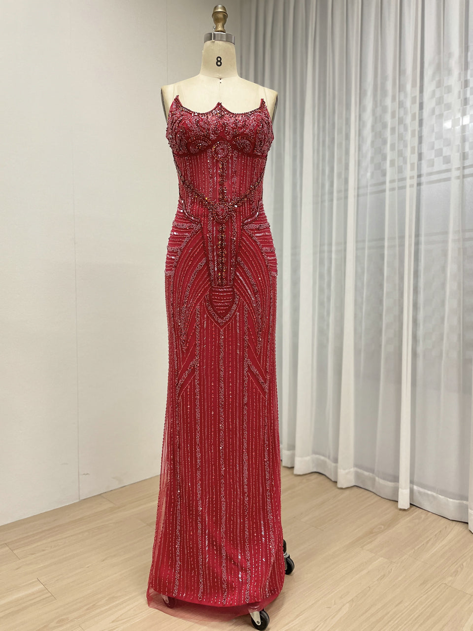 Elegant Red Beaded Evening Gown with Detachable Tulle Train MB40384-2