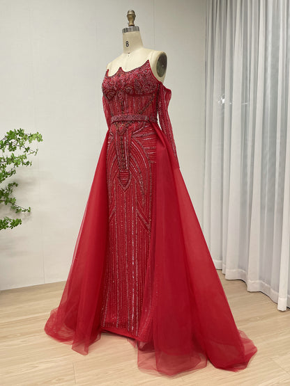 Elegant Red Beaded Evening Gown with Detachable Tulle Train MB40384-2