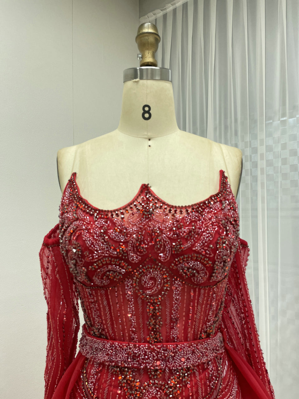 Elegant Red Beaded Evening Gown with Detachable Tulle Train MB40384-2
