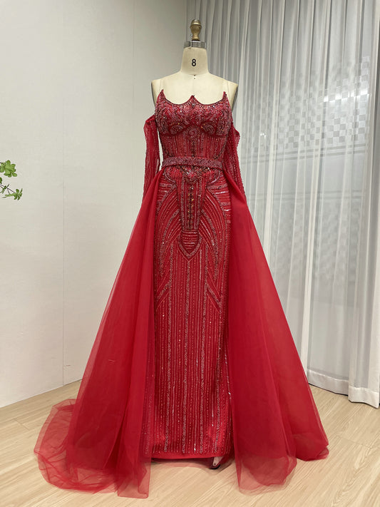 Elegant Red Beaded Evening Gown with Detachable Tulle Train MB40384-2
