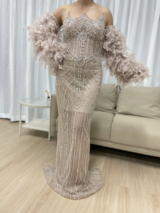 Luxury Feather Sleeve Strapless Couture Beading Knee Length Runway Birthday Party Dress MB40384