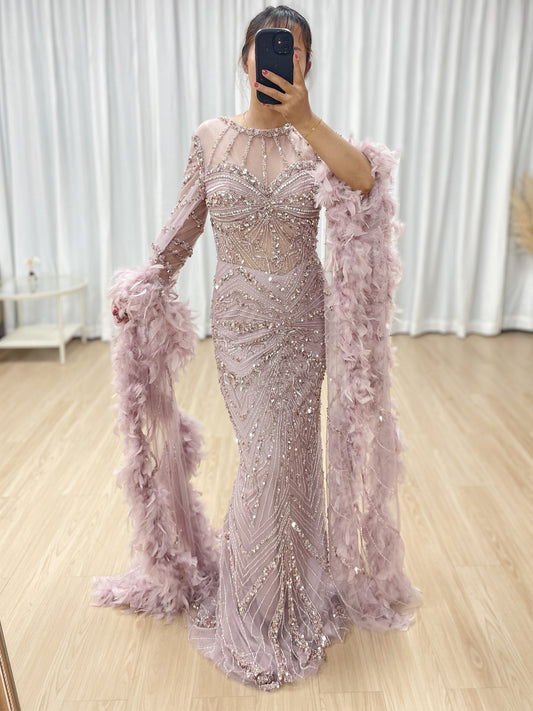 Luxury Couture Feather Long Sleeve Dubai Wedding Party Evening Dress MB40389