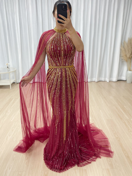 Hot Selling Cape Long Sleeve Handmade Beading Body Fitted Wine Mother Of Bridal Dress MB40390