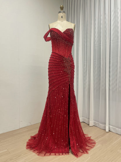 Gorgeous Beaded Off-the-Shoulder Evening Gown with Sheer Corset Bodice and Thigh-High Slit MB40396B