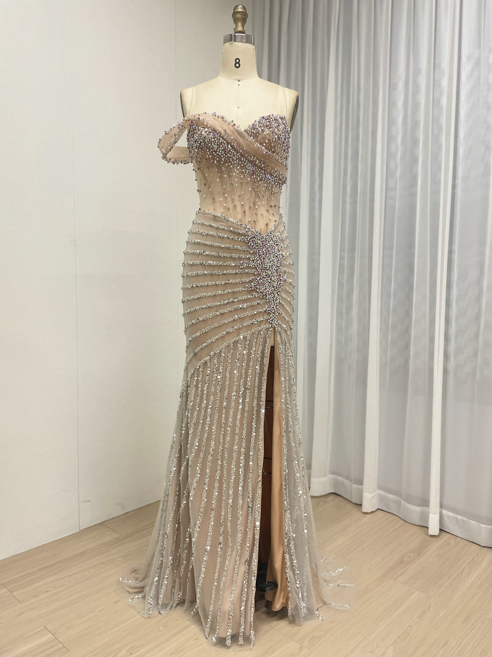 Gorgeous Beaded Off-the-Shoulder Evening Gown with Sheer Corset Bodice and Thigh-High Slit MB40396B