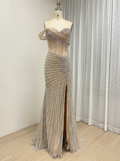 Gorgeous Beaded Off-the-Shoulder Evening Gown with Sheer Corset Bodice and Thigh-High Slit MB40396B