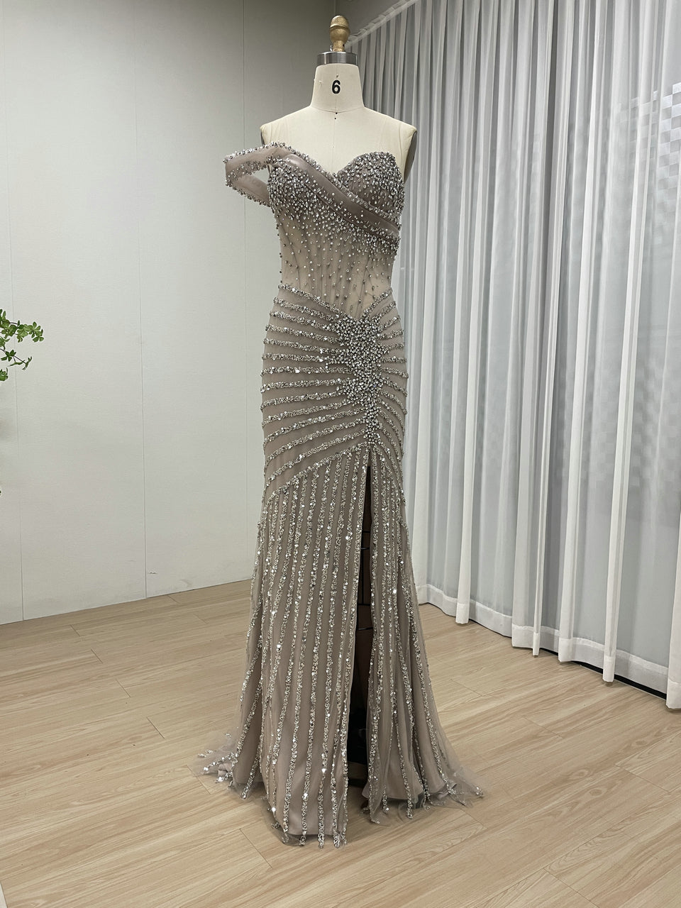 Gorgeous Beaded Off-the-Shoulder Evening Gown with Sheer Corset Bodice and Thigh-High Slit MB40396B