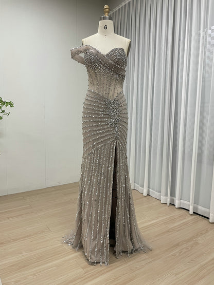 Gorgeous Beaded Off-the-Shoulder Evening Gown with Sheer Corset Bodice and Thigh-High Slit MB40396B