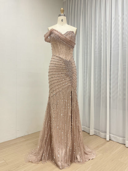 Gorgeous Beaded Off-the-Shoulder Evening Gown with Sheer Corset Bodice and Thigh-High Slit MB40396B