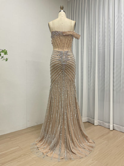 Gorgeous Beaded Off-the-Shoulder Evening Gown with Sheer Corset Bodice and Thigh-High Slit MB40396B