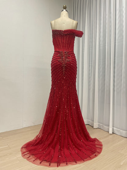 Gorgeous Beaded Off-the-Shoulder Evening Gown with Sheer Corset Bodice and Thigh-High Slit MB40396B