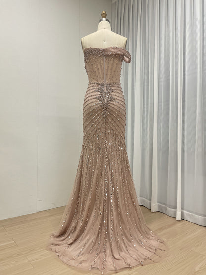 Gorgeous Beaded Off-the-Shoulder Evening Gown with Sheer Corset Bodice and Thigh-High Slit MB40396B