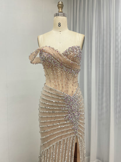 Gorgeous Beaded Off-the-Shoulder Evening Gown with Sheer Corset Bodice and Thigh-High Slit MB40396B