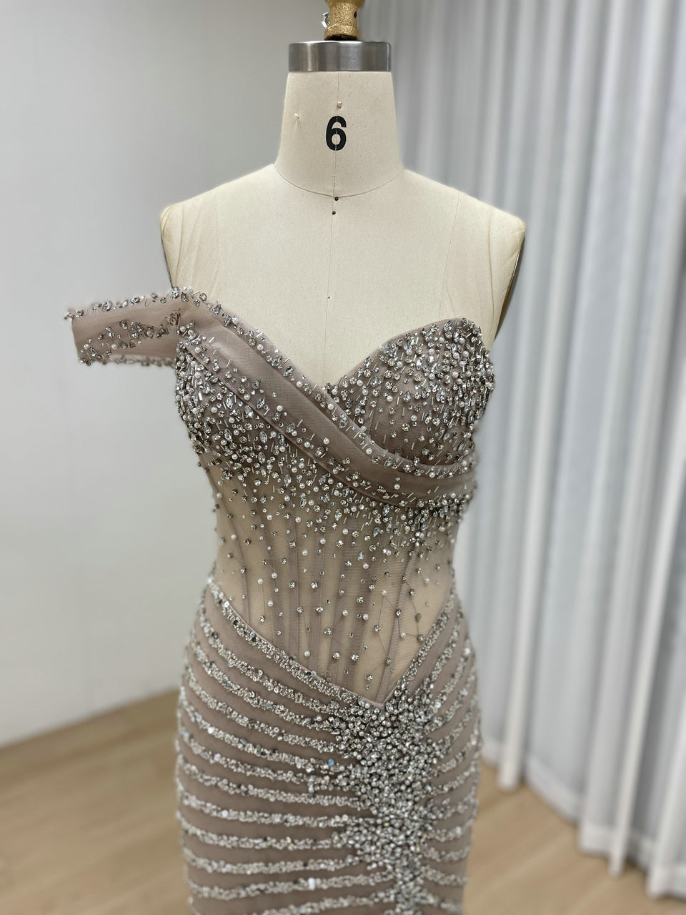 Gorgeous Beaded Off-the-Shoulder Evening Gown with Sheer Corset Bodice and Thigh-High Slit MB40396B