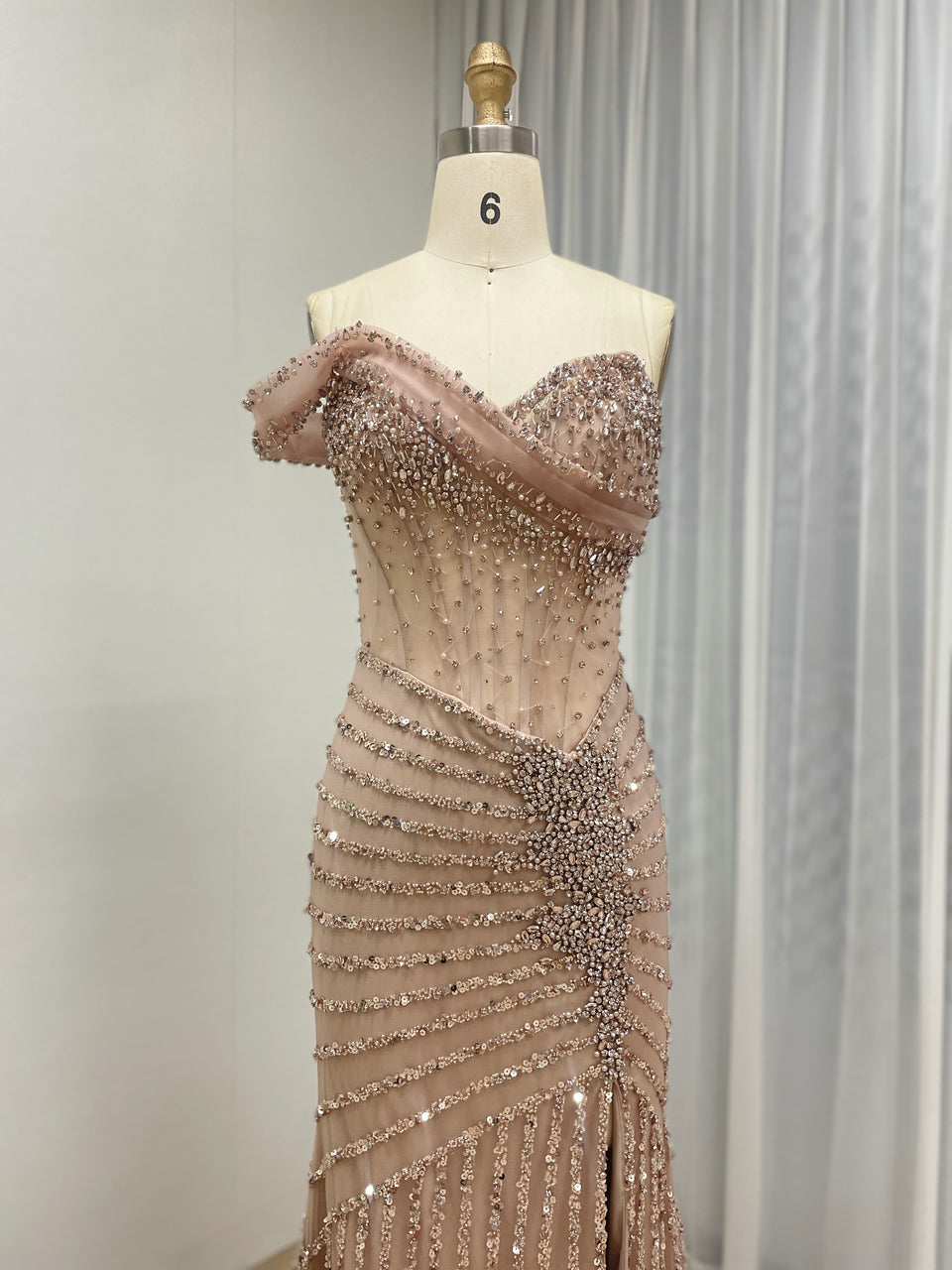 Gorgeous Beaded Off-the-Shoulder Evening Gown with Sheer Corset Bodice and Thigh-High Slit MB40396B