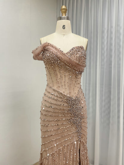 Gorgeous Beaded Off-the-Shoulder Evening Gown with Sheer Corset Bodice and Thigh-High Slit MB40396B