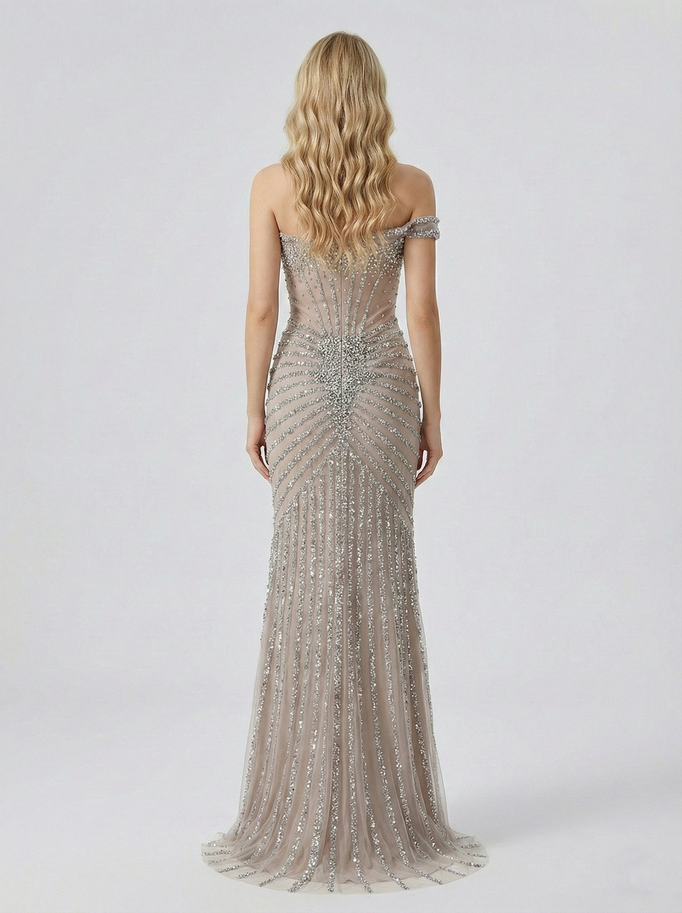 Gorgeous Beaded Off-the-Shoulder Evening Gown with Sheer Corset Bodice and Thigh-High Slit MB40396B