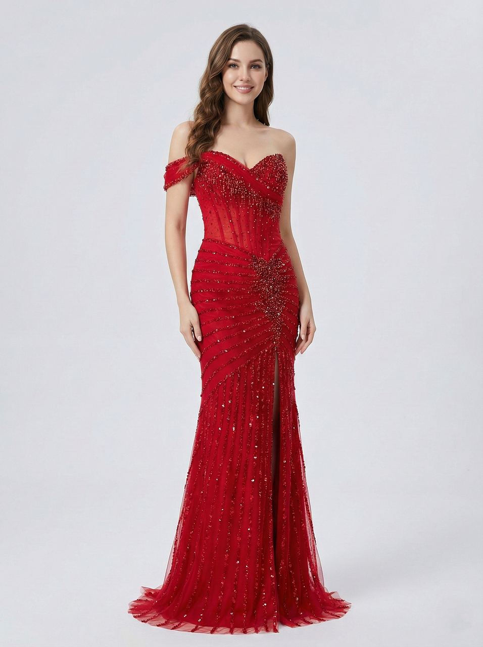 Gorgeous Beaded Off-the-Shoulder Evening Gown with Sheer Corset Bodice and Thigh-High Slit MB40396B