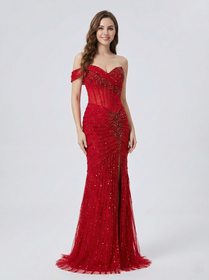 Gorgeous Beaded Off-the-Shoulder Evening Gown with Sheer Corset Bodice and Thigh-High Slit MB40396B