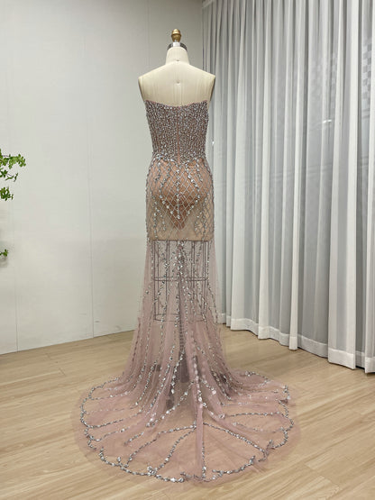 Sexy Corset Bodice Sheer Prom Evening Dresses Embellished With Sparkle Handmade Beaded Diamond for Parties MB40398