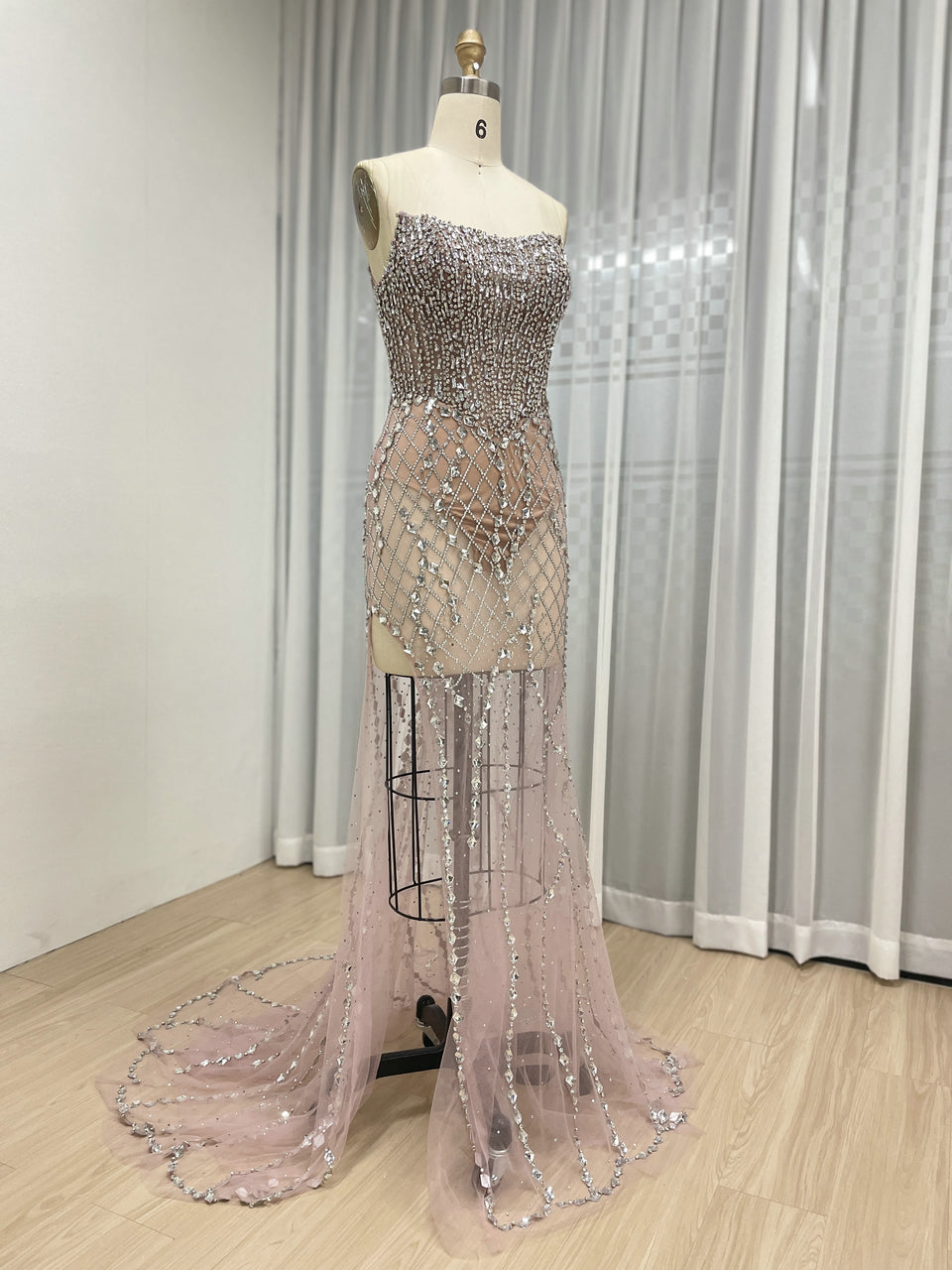 Sexy Corset Bodice Sheer Prom Evening Dresses Embellished With Sparkle Handmade Beaded Diamond for Parties MB40398