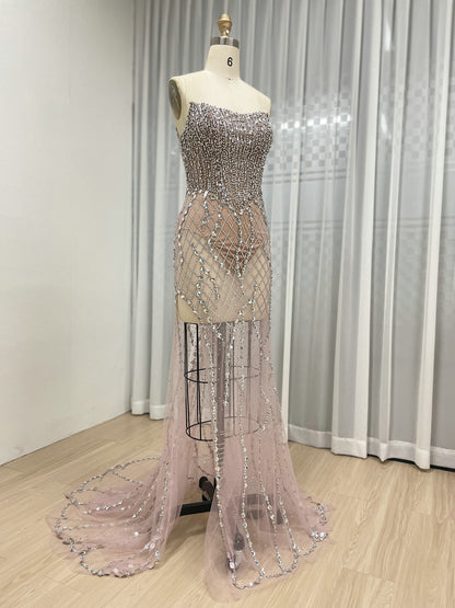 Sexy Corset Bodice Sheer Prom Evening Dresses Embellished With Sparkle Handmade Beaded Diamond for Parties MB40398