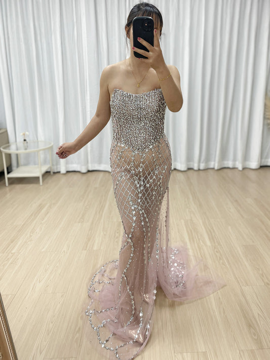 Sexy Corset Bodice Sheer Prom Evening Dresses Embellished With Sparkle Handmade Beaded Diamond for Parties MB40398