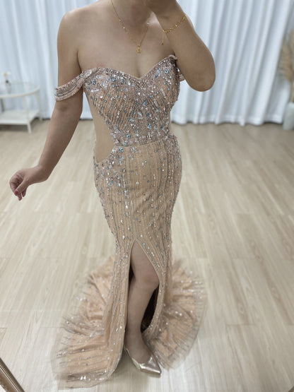 Exquisite Champagne Prom Dress with Pearl Embellishments Off-Shoulder Style MB40399