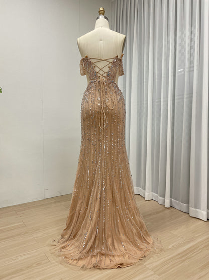 Exquisite Champagne Prom Dress with Pearl Embellishments Off-Shoulder Style MB40399
