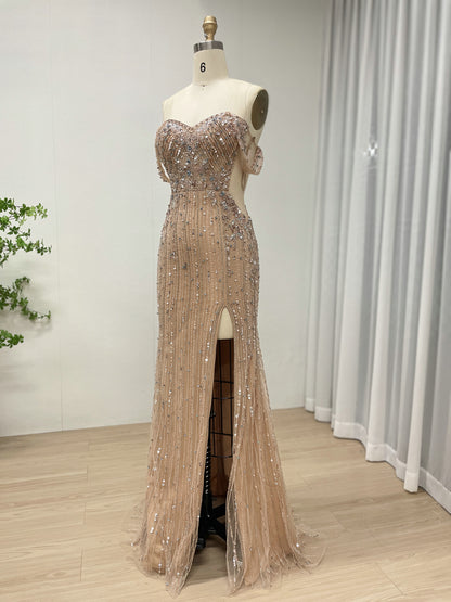 Exquisite Champagne Prom Dress with Pearl Embellishments Off-Shoulder Style MB40399
