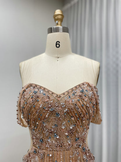 Exquisite Champagne Prom Dress with Pearl Embellishments Off-Shoulder Style MB40399