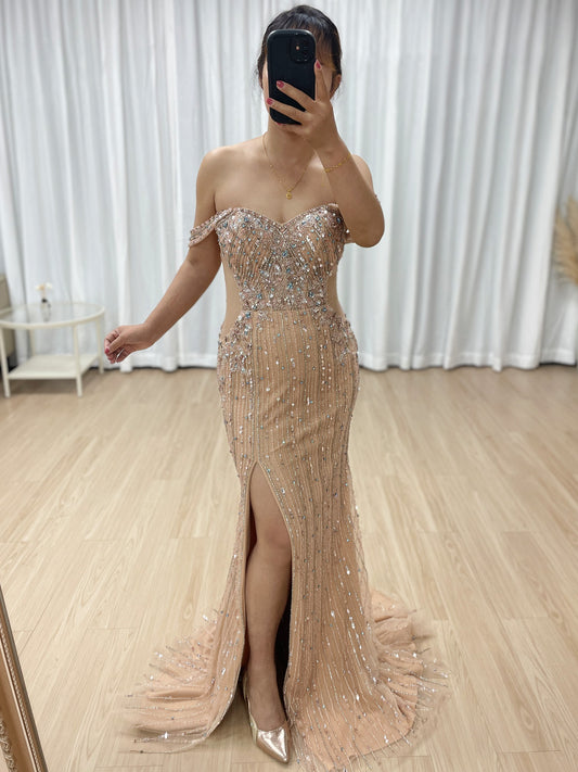 Exquisite Champagne Prom Dress with Pearl Embellishments Off-Shoulder Style MB40399