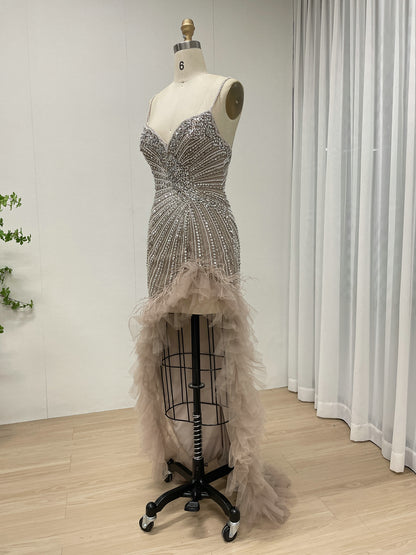 Sexy V Neckline Tiered Puffy Tulle Prom Evening Gown With Luxurious Handmade Beaded Diamond for Party MB40400-2