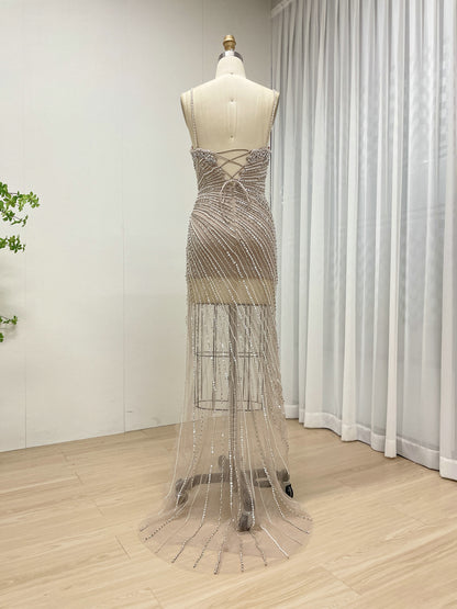 Sexy Sleeveless Sheer Prom Evening Dress Embellished With Intricate Hand Beading Diamond for Party MB40400
