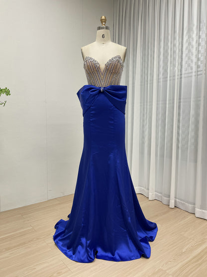 Stunning Blue Prom Dress with Rhinestone Top Large Bow Floor-Length Skirt MB40401