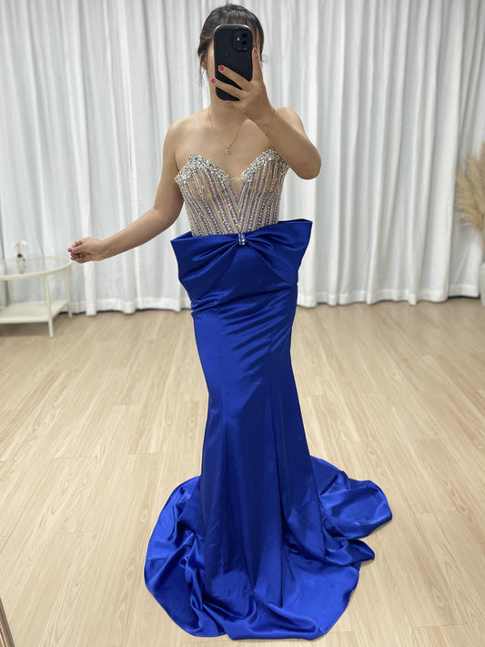 Stunning Blue Prom Dress with Rhinestone Top Large Bow Floor-Length Skirt MB40401
