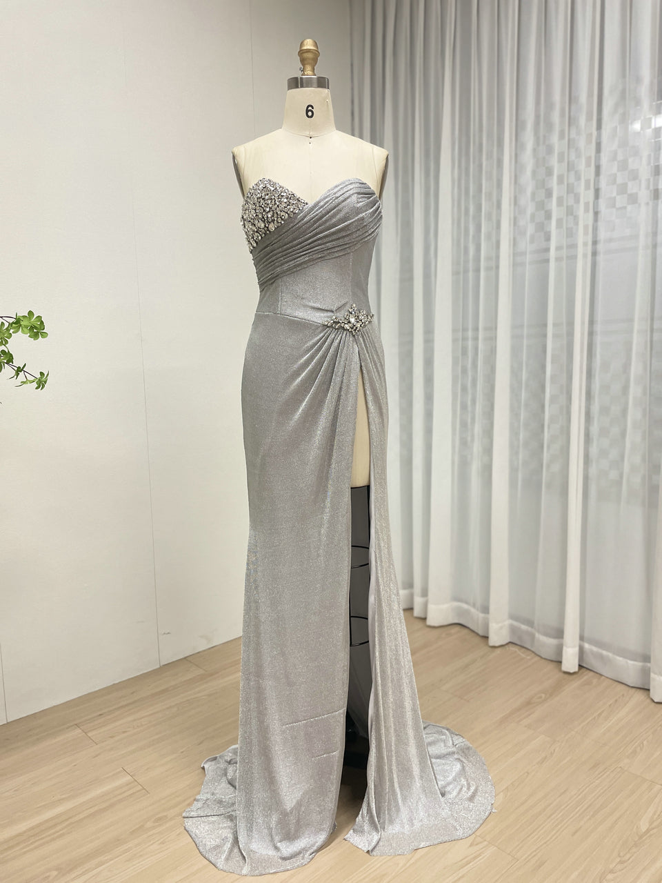 Silver Shimmer Sweetheart Prom Dress with High Slit and Rhinestone Bodice MB40402B