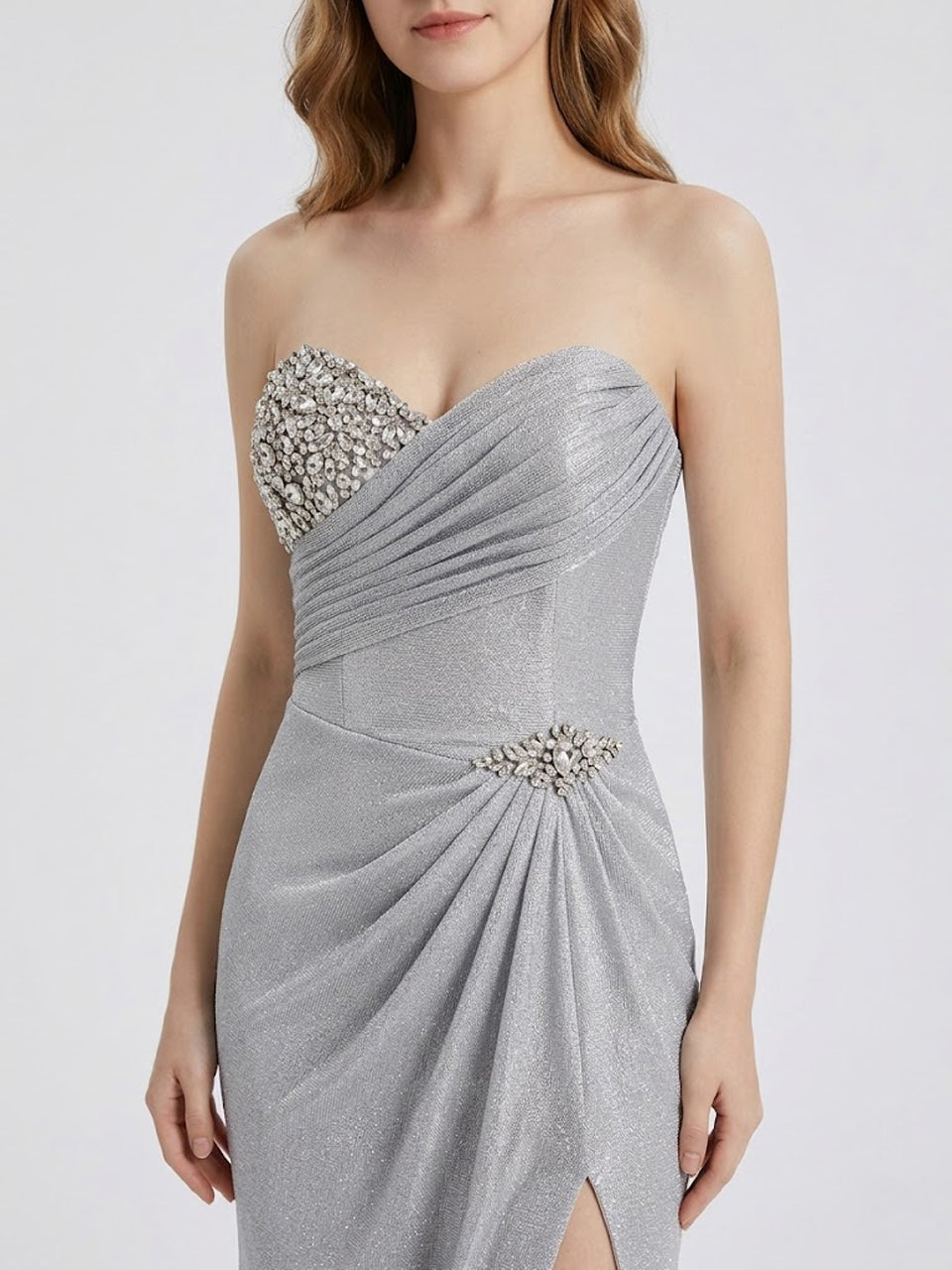Silver Shimmer Sweetheart Prom Dress with High Slit and Rhinestone Bodice MB40402B