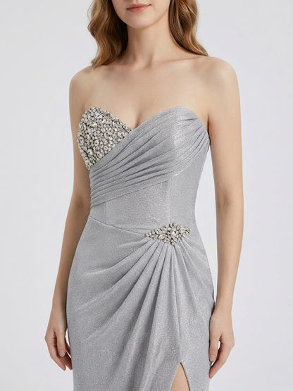 Silver Shimmer Sweetheart Prom Dress with High Slit and Rhinestone Bodice MB40402B