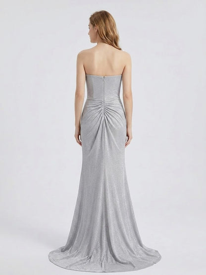 Silver Shimmer Sweetheart Prom Dress with High Slit and Rhinestone Bodice MB40402B