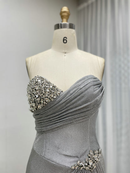 Silver Shimmer Sweetheart Prom Dress with High Slit and Rhinestone Bodice MB40402B