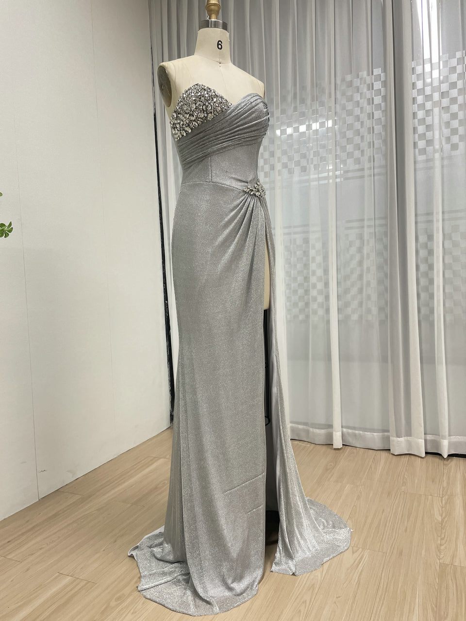 Silver Shimmer Sweetheart Prom Dress with High Slit and Rhinestone Bodice MB40402B