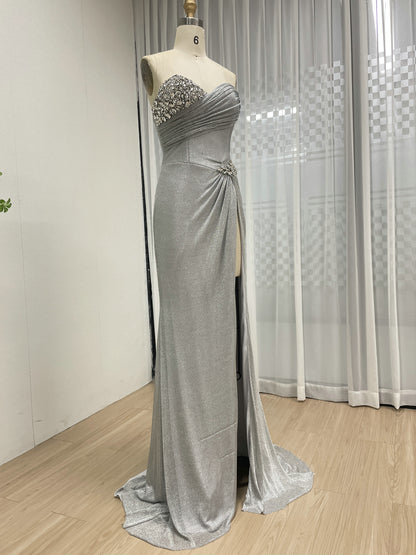 Silver Shimmer Sweetheart Prom Dress with High Slit and Rhinestone Bodice MB40402B